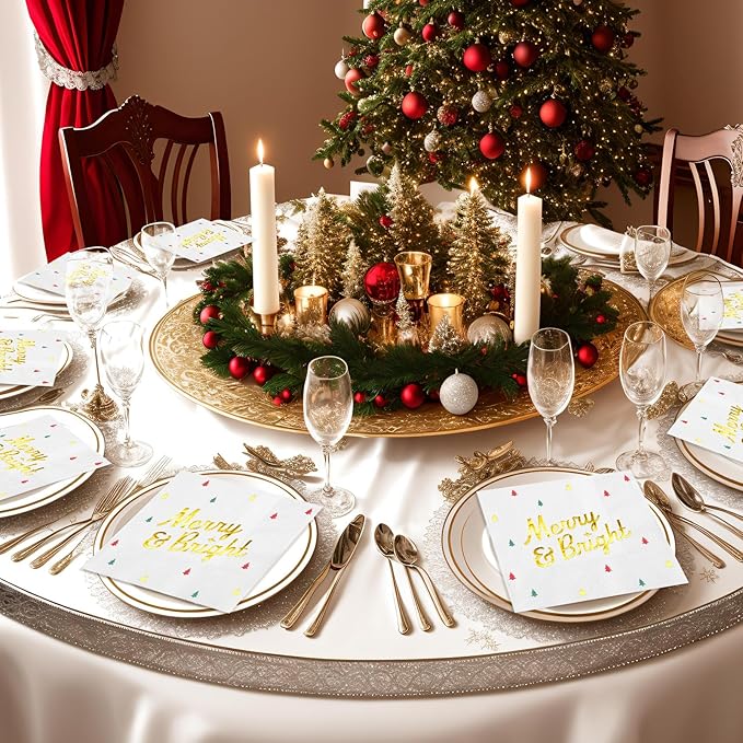 100 Pcs Christmas Tree Paper Napkins Disposable, Merry Bright Red Green Gold Foil Cocktail Napkins, Xmas Holiday Square Party Guest Dinner Napkin for Christmas Winter Party Supplies, 6.5x6.5 Inch
