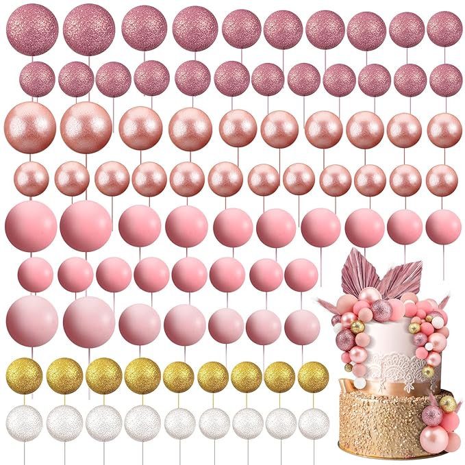 108 Pcs Balls Cake Topper DIY Cupcake Insert Foam Balloons for Cake Baking Wedding Anniversary Birthday Decoration(Assorted Pink, White, Gold,Multi Sizes)
