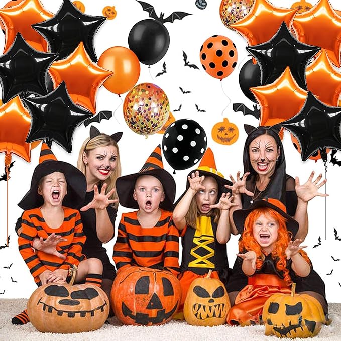 TONIFUL 30Pcs 18 Inch Large Orange Black Star Shape Foil Balloons Big Stars Helium Mylar Ballons for Halloween Birthday Wedding Baby Shower Anniversary Engagement Party Decorations Supplies