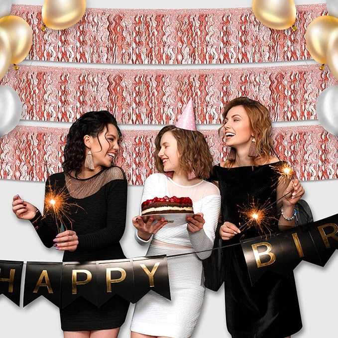 6 Pack 10 Feet Rose Gold Wave Foil Fringe Garland Metallic Tinsel Streamers Banner Wall Hanging Curtain Backdrop for Parade Floats, Mother's Day, Easter, Bachelorette, Wedding Party Decoration