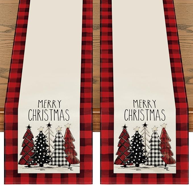 Artoid Mode Red Buffalo Plaid Xmas Trees 2PCS Merry Christmas Table Runner, Seasonal Winter Holiday Table Decoration for Home Party Decor 13 x 72 Inch