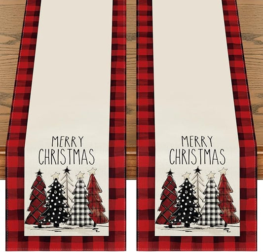 Artoid Mode Red Buffalo Plaid Xmas Trees 2PCS Merry Christmas Table Runner, Seasonal Winter Holiday Table Decoration for Home Party Decor 13 x 72 Inch