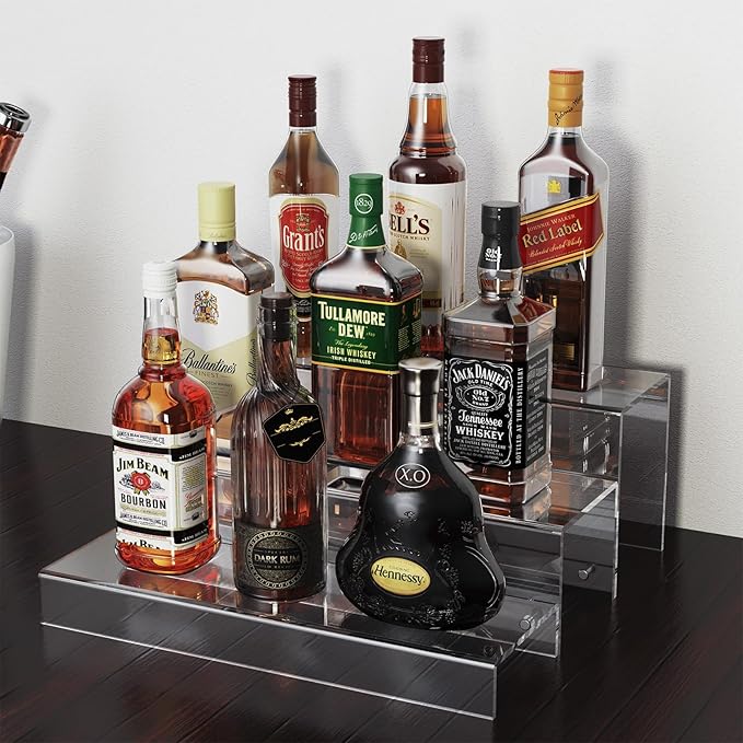 3 Tiers Bar Shelves for Liquor Bottles, 15" Bar Organizer for Countertop, Clear Acrylic Risers Display Racks Stands for Figures Pops Cupcake Perfume Collections (Patent: D1076520S)