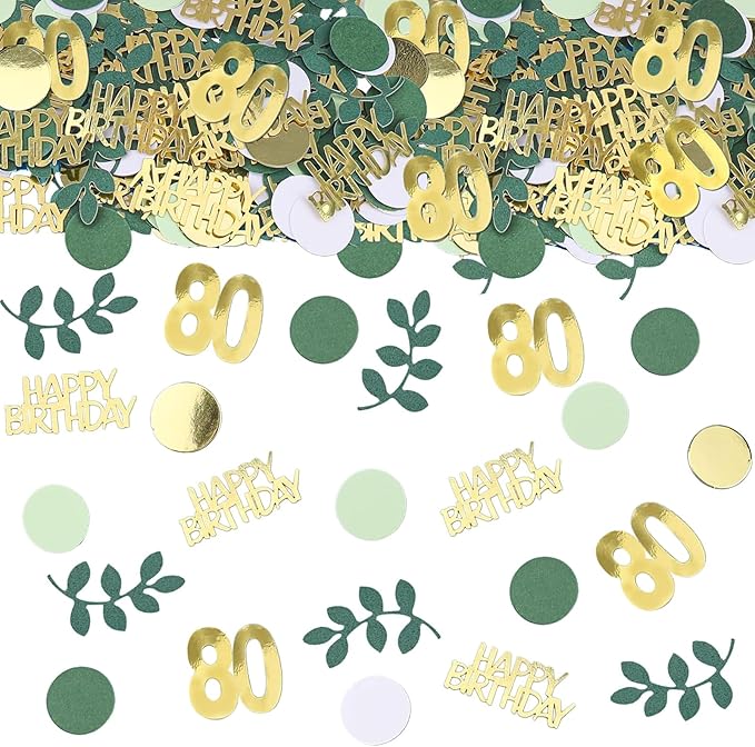 Sage Green 80th Happy Birthday Confetti, 80th Birthday Table Decorations Scatter Green Gold Foil Cake Confetti Decorations for 80 Bday Women Men Party Decor 230 Pcs