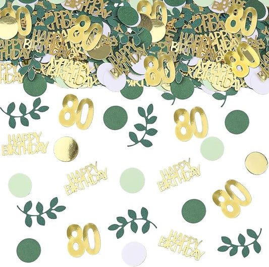 Sage Green 80th Happy Birthday Confetti, 80th Birthday Table Decorations Scatter Green Gold Foil Cake Confetti Decorations for 80 Bday Women Men Party Decor 230 Pcs