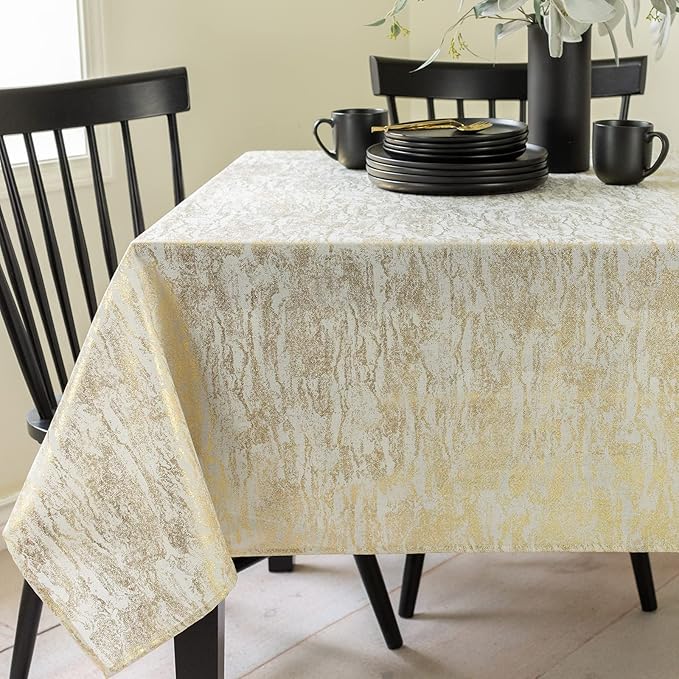 Benson Mills Metals Metallic Foil Printed Fabric Table Cloth, Holiday, Winter, Thanksgiving, and Christmas Tablecloth (60" x 120" Rectangular, Metals Ivory-Gold)