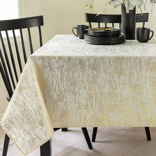 Benson Mills Metals Metallic Foil Printed Fabric Table Cloth, Holiday, Winter, Thanksgiving, and Christmas Tablecloth (60" x 84" Rectangular, Metals Ivory-Gold)