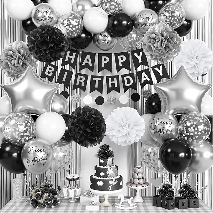 Black and Silver Birthday Decorations for Men Boys, Black White Silver Party Decorations Happy Bithday Banner Star Foil Balloon Fringe Curtain Pompom for Women Girls Party Supplies
