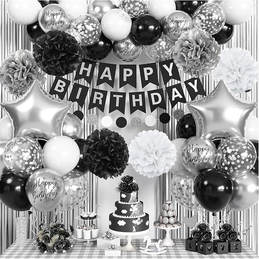 Black and Silver Birthday Decorations for Men Boys, Black White Silver Party Decorations Happy Bithday Banner Star Foil Balloon Fringe Curtain Pompom for Women Girls Party Supplies