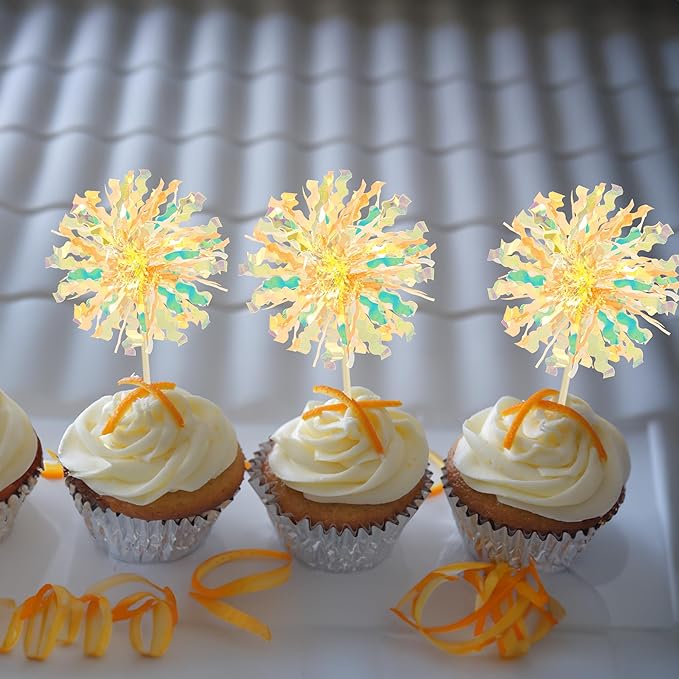 Ephlyn 30Pcs Foil Firework Cupcake Toppers Sparkle Tinsel Drink Birthday Cake Decorations Cocktail Food Fruit Toothpick for New Years Wedding Birthday Party Decorations Yellow