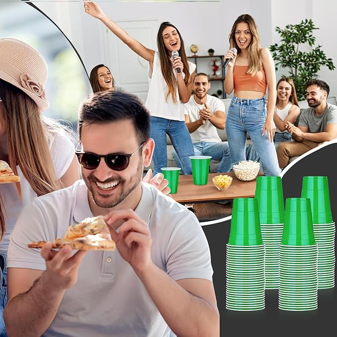 Dualshine 100 Pack Green Plastic Cups 16 oz,Disposable Cups for Party,Heavy Duty Drinking Cups, Graduation Shot Cup for Wedding Birthday Beer Taste Serving Snack Sample Tastings Barbecues Picnic