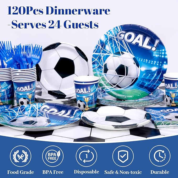 REDWORD Soccer Party Decorations, 120Pcs Soccer Birthday Party Supplies-Serves 24 with Soccers Plates Cups and Napkins for Sports Boy's Birthday Decorations