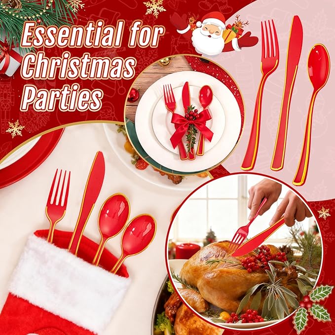 WDF 180 Pieces Red and Gold Plastic Silverware - Disposable Christmas Utensils Include 60 Forks, 60 Knives and 60 Spoons - Heavy Duty Red Plastic Cutlery - for Christmas/Party
