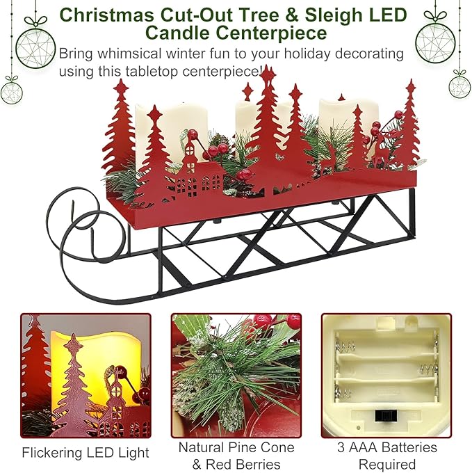 Christmas Sleigh Centerpiece Table Decorations with Flickering Led Candle Lights Xmas Sleigh Silhouette Candelabrum for Dinning Room, Table, Fireplace, Mantel Holiday Decoration