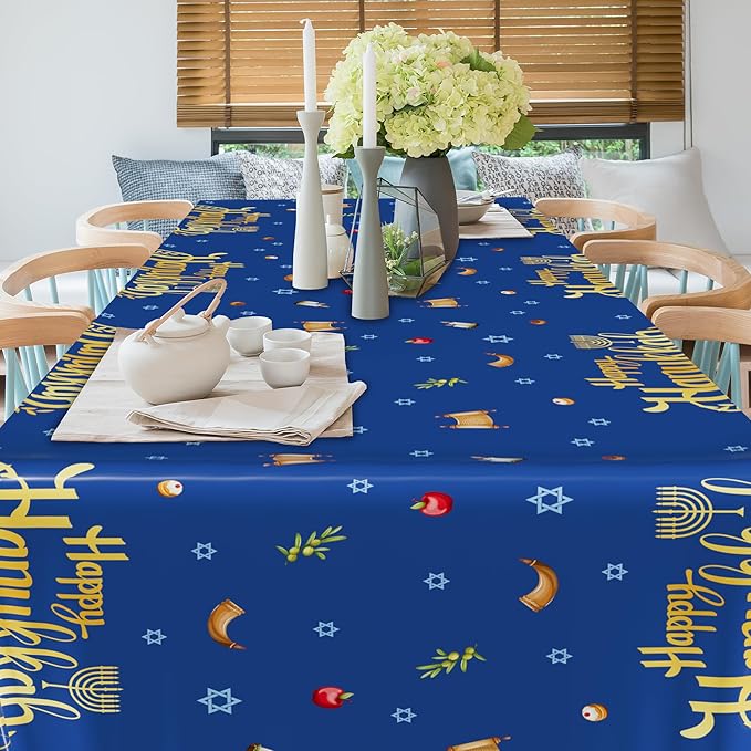 3 PCS Hanukkah Decorations, 108" x 54" Blue Gold Hanukkah Tablecloth, Disposable Happy Chanukkah Plastic Tablecloth, Lights Candles Design Rectangle Chanukkah Tablecovers for Jewish Festival Supplies