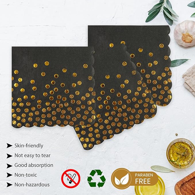90PCS Black and Gold Plates and Napkins Party Supplies Decorations, 7Inch Scalloped Black Paper Plates and Napkins Set Disposable Party Dinnerware for Birthday Wedding,Graduation