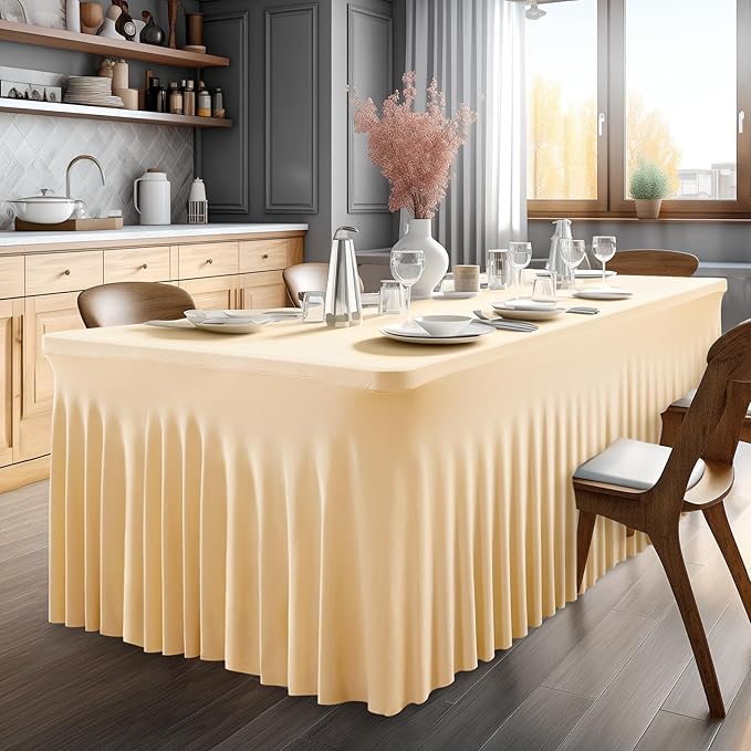 1 Pack Dark Champagne Table Clothes for 6 Foot Rectangle Tables, One-Piece Wrinkle Resistant Stretch Spandex Table Covers with Skirt for Event Banquet Wedding Birthday Party