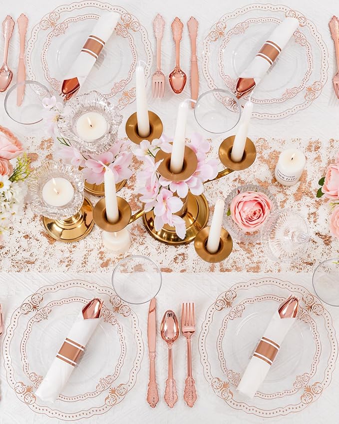 Ciaell 350 PCS Rose Gold Plastic Plates - Rose Gold Disposable Plates Dinnerware Include 50 Disposable Plate, 50 Heavy Duty Silverware, 50 Cups, 50 Napkins for Wedding & Party & Anniversary