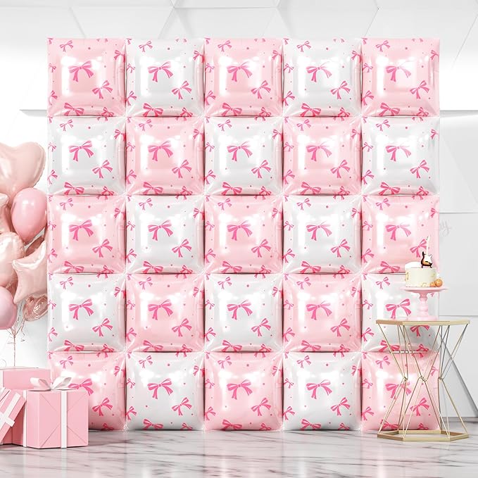 NISOCY 25PCS White Pink Bow Square Foil Balloons Wall Backdrop Double Sided White Coquette Pink Bow Balloons Tunnel for Birthday Wedding Valentines Bachelorette Bridal Baby Shower Party Decorations