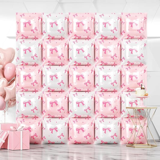 NISOCY 25PCS White Pink Bow Square Foil Balloons Wall Backdrop Double Sided White Coquette Pink Bow Balloons Tunnel for Birthday Wedding Valentines Bachelorette Bridal Baby Shower Party Decorations