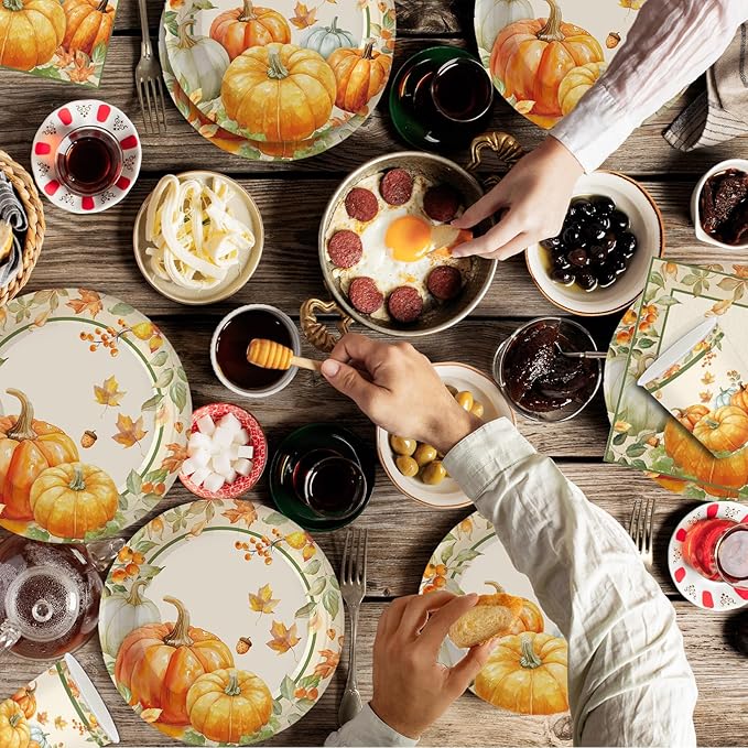 140Pcs Fall Party Supplies Tableware Set Retro Pumpkin Plates and Napkins, Thanksgiving Party Decorations Pumpkin Maple Leaf Paper Plates, Autumn Birthday Party Decor, Serve for 20 Guest