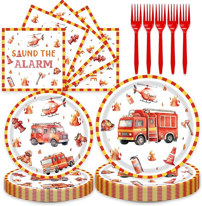96Pcs Firetruck Birthday Party Decorations for 24 Guests - Disposable Tableware Firetruck Party Supplies Plates and Napkins Forks for Boys Baby Shower Birthday Decorations