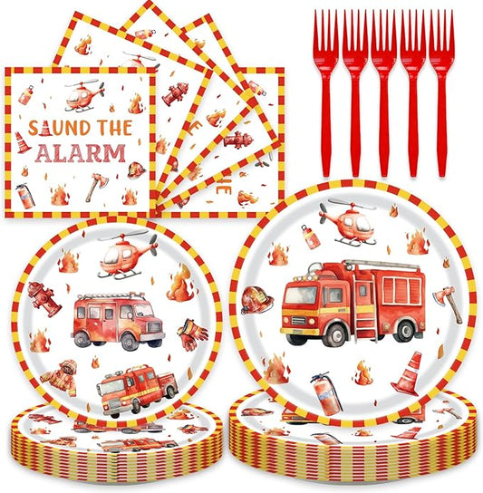 96Pcs Firetruck Birthday Party Decorations for 24 Guests - Disposable Tableware Firetruck Party Supplies Plates and Napkins Forks for Boys Baby Shower Birthday Decorations