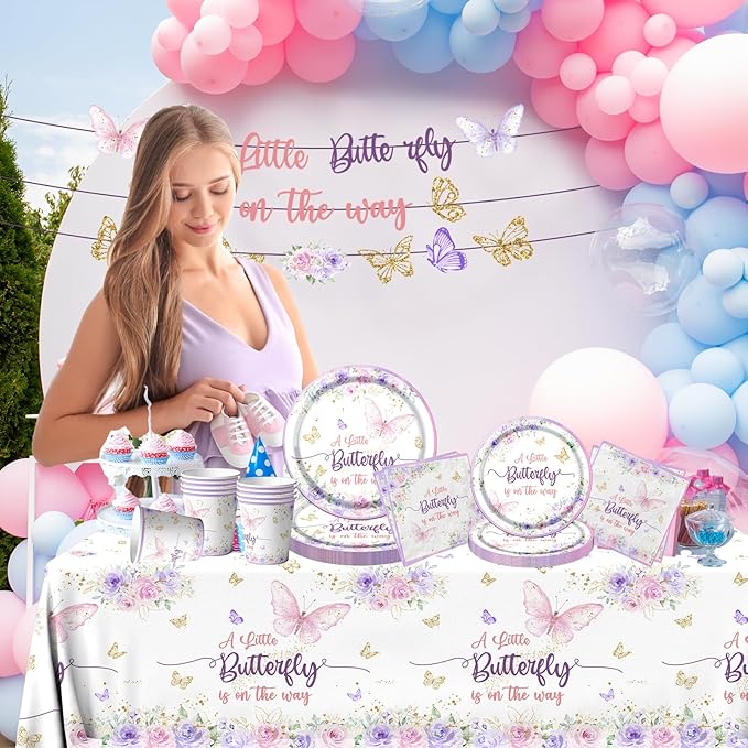 Butterfly Baby Shower Tableware Set Decoration,A Little Butterfly Is On Her Way Baby Shower Plates and Napkins Supplies Include Tablecloth Banner Cups for Purple Floral Butterfly Spring Theme for Girl