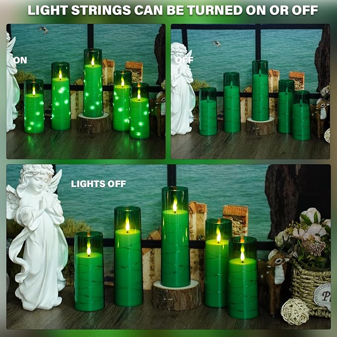 Flickering Flameless LED Candles,Battery Operated Candles 9 Pcs with Embedded Star String,Acrylic LED Pillar Candles with Remote,Suitable for Home Decoration to Create an Atmosphere (Green)