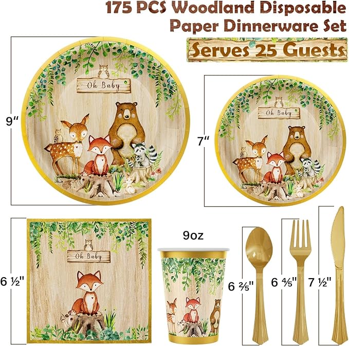Ecomore Woodland Baby Shower Decorations Supplies - 175PCS Forest Animal Disposable Dinnerware Set (25 Guest) With Gold Paper Plates Cups Napkins Plastic Fork Knives Spoon for Baby Boy Birthday Party