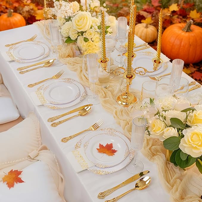Ciaell 300PCS White and Gold Plastic Plates - Gold Disposable Dinnerware Sets for 50 Guests - 100 Plates, 50 Knives, 50 Forks, 50 Spoons, and 50 Napkins for Wedding, Anniversary, Party & Thanksgiving