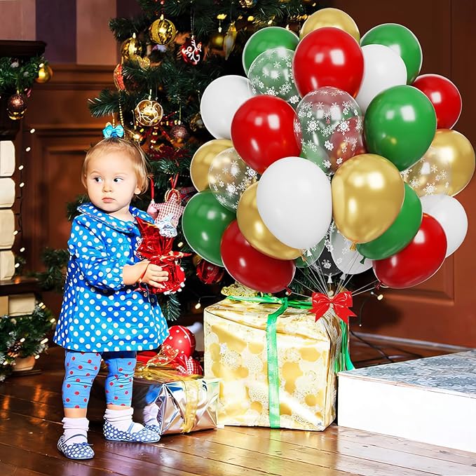 Christmas Balloons, Burgundy Red Green Gold Balloons Snowflake and White Latex Merry Christmas Xmas Party Balloons for Christmas Birthday New Year Carnival Party Decorations and Supplies