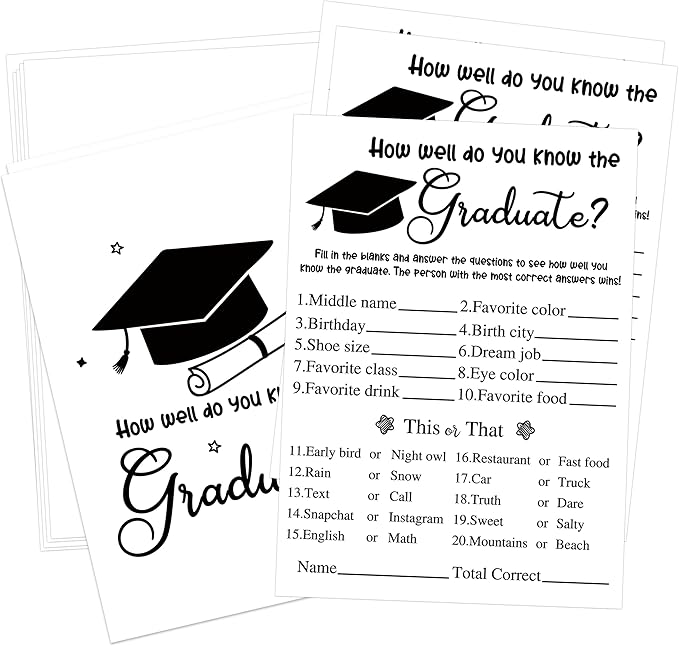 30 Grad Party Games Cards, Simple Style Graduation Trivia Game Cards, Graduation Party Supplies, How Well Do You know the Graduate, Graduation Party Favors for High School College University,4