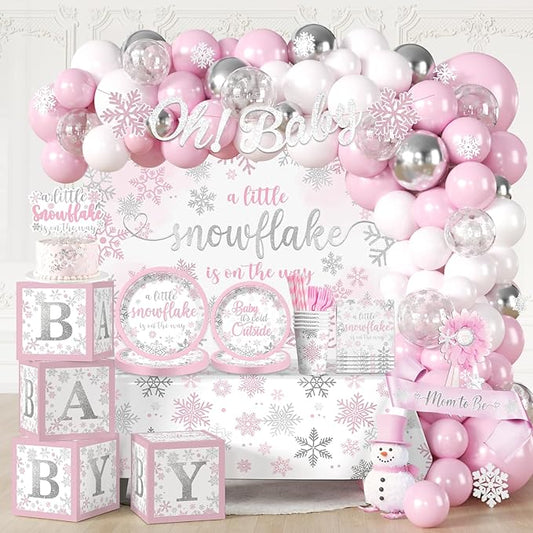 227pcs Winter Baby Shower Decorations, All-in-one Winter Supplies Pack Includes 20 Tableware, Pink A Little Snowflake Is on The Way Backdrop Tablecloth, Baby Its Cold Outside Baby Shower Decorations