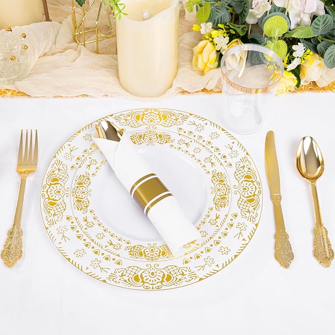 GATHER 350PCS White and Gold Plastic Plates - Gold Disposable Dinnerware Set Include 50 Dinner Plates, 50 Dessert Plates, 150 Gold Plastic Silverware, 50 Napkins, 50 Cups for Wedding & Christmas