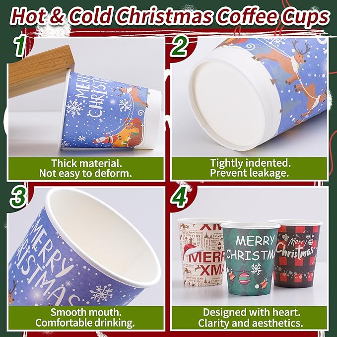 120 Pcs Christmas Disposable Paper Cups 9oz Coffee & Tea Cup with 10 Holiday Designs Christmas Hot Chocolate Cocoa Cup Drinkware Xmas Drink Cups for Cold/Hot Beverage Winter Party Supplies