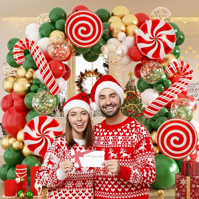 165Pcs Christmas Balloon Garland Arch Kit, Xmas Holiday Balloons Red Green White Glod Confetti Balloons with Large Candy Cane Swirl Mylar Foil Balloons, Rich for Christmas Party Decorations