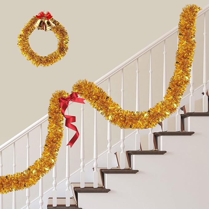 50FT Gold Christmas Tinsel Garland Metallic Twist Xmas Garland for Christmas Tree Decorations Holiday Hanging Garlands for Mantel Staircase Indoor Outdoor Home Office Class Party Holiday Decor