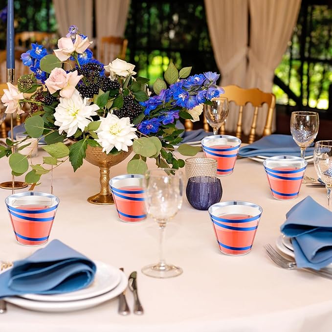 Gejoy 9 oz Rimmed Swirl Plastic Cups Disposable Wine Drinking Cups Clear Elegant Halloween Tumblers for Christmas Party Supplies(Blue,200)