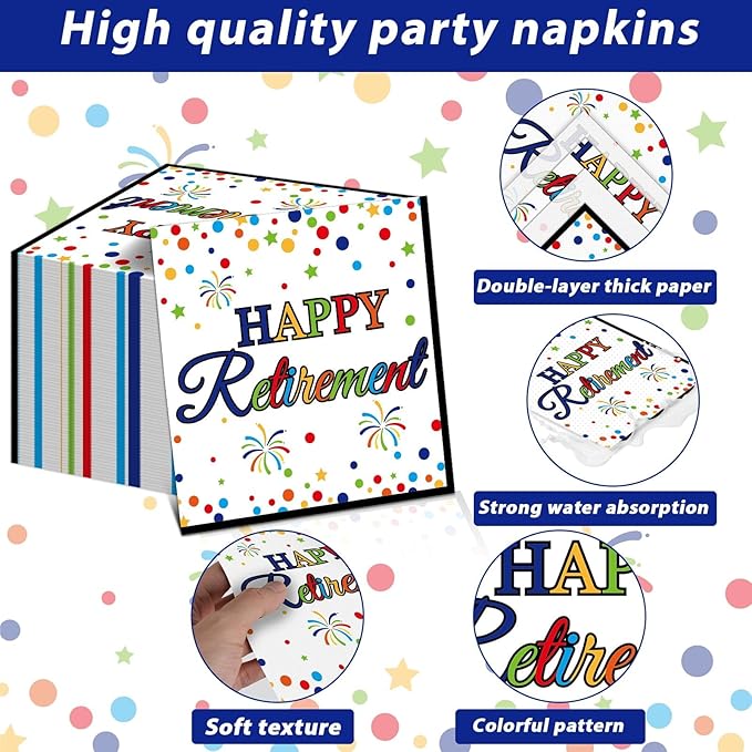 96 Pcs Happy Retirement Party Supplies Colorful Retirement Paper Plates Napkins Table Decorations Retired Themed Dessert Tableware Set Dinnerware Favor Men Woman Indoor Outdoor Decor for 24 Guests