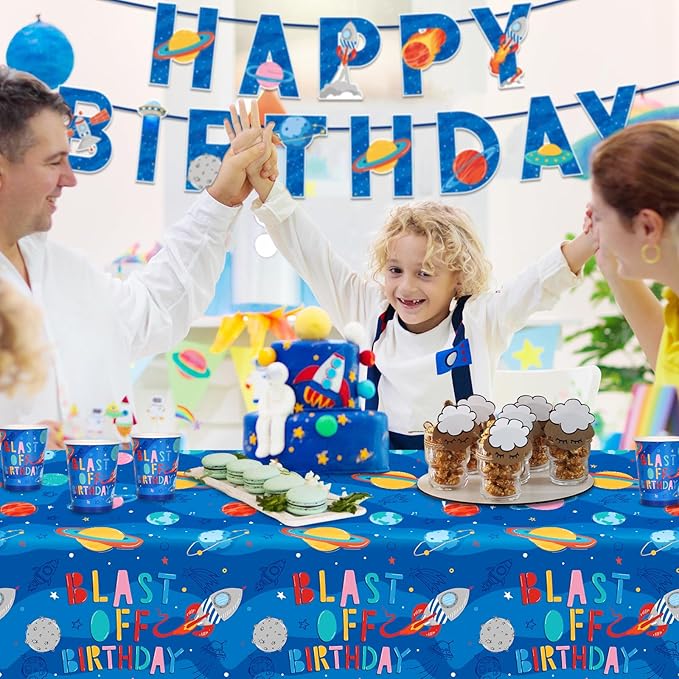 Outer Space Party Supplies - Solar System Planet-Themed Disposable Paper Plates, Napkins, Cups, Tablecloth, and Banner: Ideal Galaxy Space Birthday Decorations for Party of 25