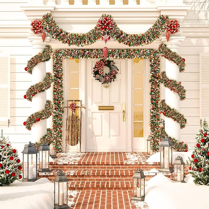50Ft Christmas Tinsel Garland, Red Grenn Gold Metallic Twist Garland for Xmas Tree Decorations, Tinsel for New Year Party Ceiling Hanging Decorations Indoor and Outdoor Decor