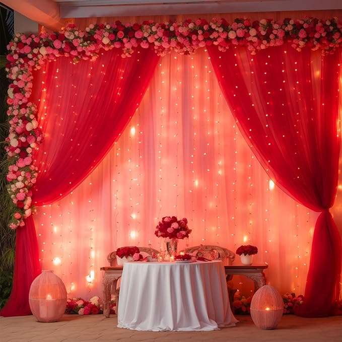 10ft x 10ft Red Backdrop Curtain with Lights String for Parties, Sheer Tulle Wedding Photo Backdrops Drapes for Baby Shower Birthday Party Decorations Background for Photography