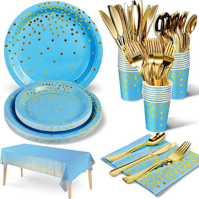 141 Pieces Sky Blue Gold Party Supplies, Disposable Party Decorations Sets Include Paper Plates Napkins Cups, Plastic Forks Knives Spoons, for Baby Shower Birthday Wedding -20 Guests