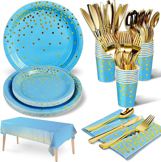 141 Pieces Sky Blue Gold Party Supplies, Disposable Party Decorations Sets Include Paper Plates Napkins Cups, Plastic Forks Knives Spoons, for Baby Shower Birthday Wedding -20 Guests