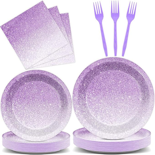 96 Pcs Gradient Pastel Purple Party Supplies Set for 24 Guests - Tableware Plates, Dinnerware, Table Decorations, Sprinkle Wedding & Birthday Party Favors