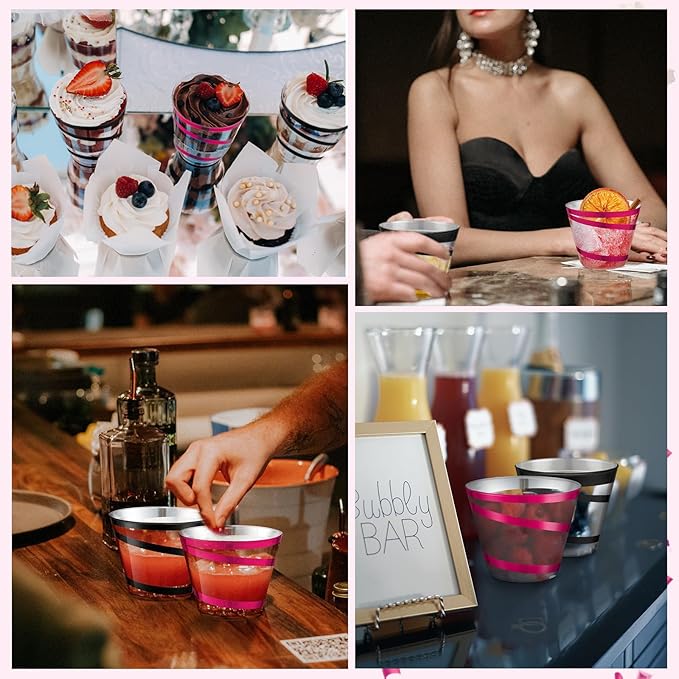 Gejoy 9 oz Rimmed Swirl Plastic Cups Disposable Wine Drinking Cups Clear Elegant Halloween Tumblers for Christmas Party Supplies(Hot Pink, Black,100 Pcs)