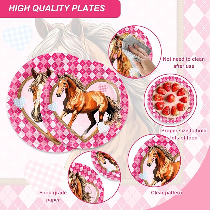 96Pcs Horse Party Supplies Pink Mustang Tableware Set Plates Napkins Forks Serves 24 Guests Pink Cowgirl Baby Shower Birthday Party Decorations