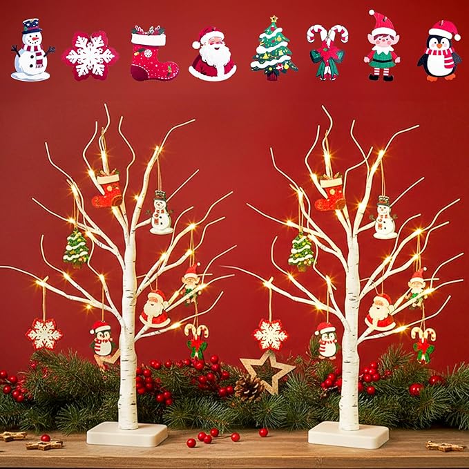 EAMBRITE Lighted Birch Tree with Christmas Ornaments, 2 Pack Small Christmas Trees with Led Lights, White Twinkling Tree Decorations Tabletop Centerpieces for Home Table Bedroom Indoor Decor (22inch)