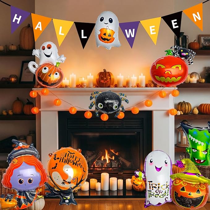 20Pcs Halloween Party Balloons, Ghost Pumpkin Black Bat Spider Witch Wizard Black Cat Monster Balloons for Halloween Theme Party Decorations Supplies